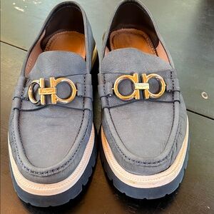 Salvatore Ferragamo Navy Loafers with Gold Accents